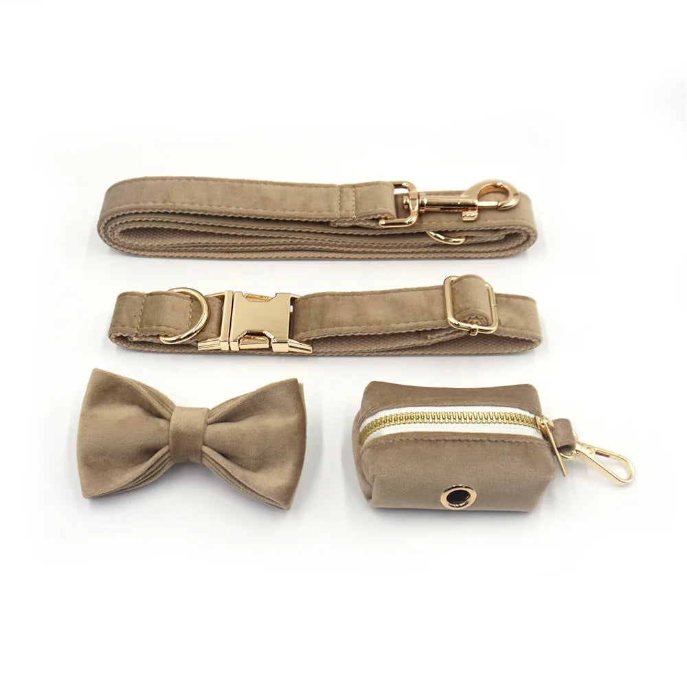 Pysinożek™ | Zestaw Light Coffee Velvet – szelki, smycz, obroża i kokarda dla psa i kota