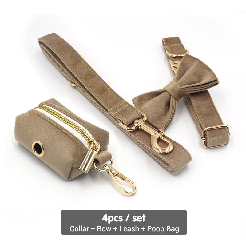 Pysinożek™ | Zestaw Light Coffee Velvet – szelki, smycz, obroża i kokarda dla psa i kota