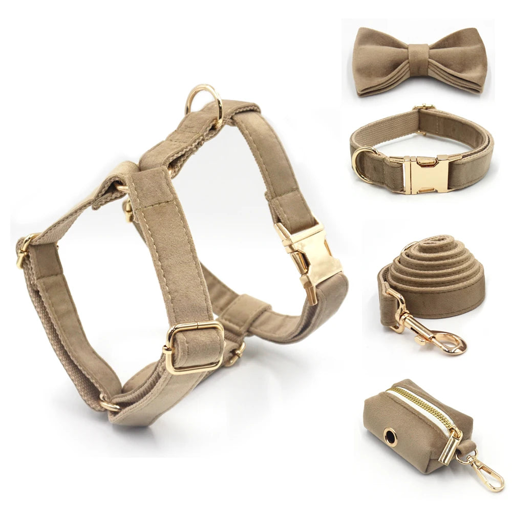 Pysinożek™ | Zestaw Light Coffee Velvet – szelki, smycz, obroża i kokarda dla psa i kota