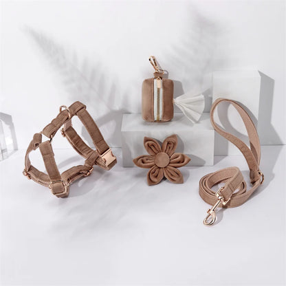 Pysinożek™ | Zestaw Light Coffee Velvet – szelki, smycz, obroża i kokarda dla psa i kota